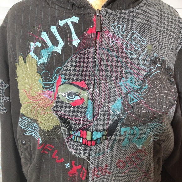 Marc Ecko men skull wings zip up hoodie grey S - Picture 2 of 6